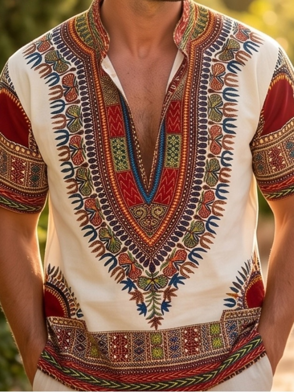 NWOT Men's Cream Tribal Dashiki Polo with Multicolor